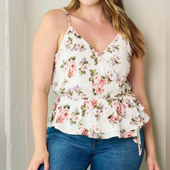 Tops - NWT Plus Size Floral Sleeveless Peplum Wrap Tank Top”